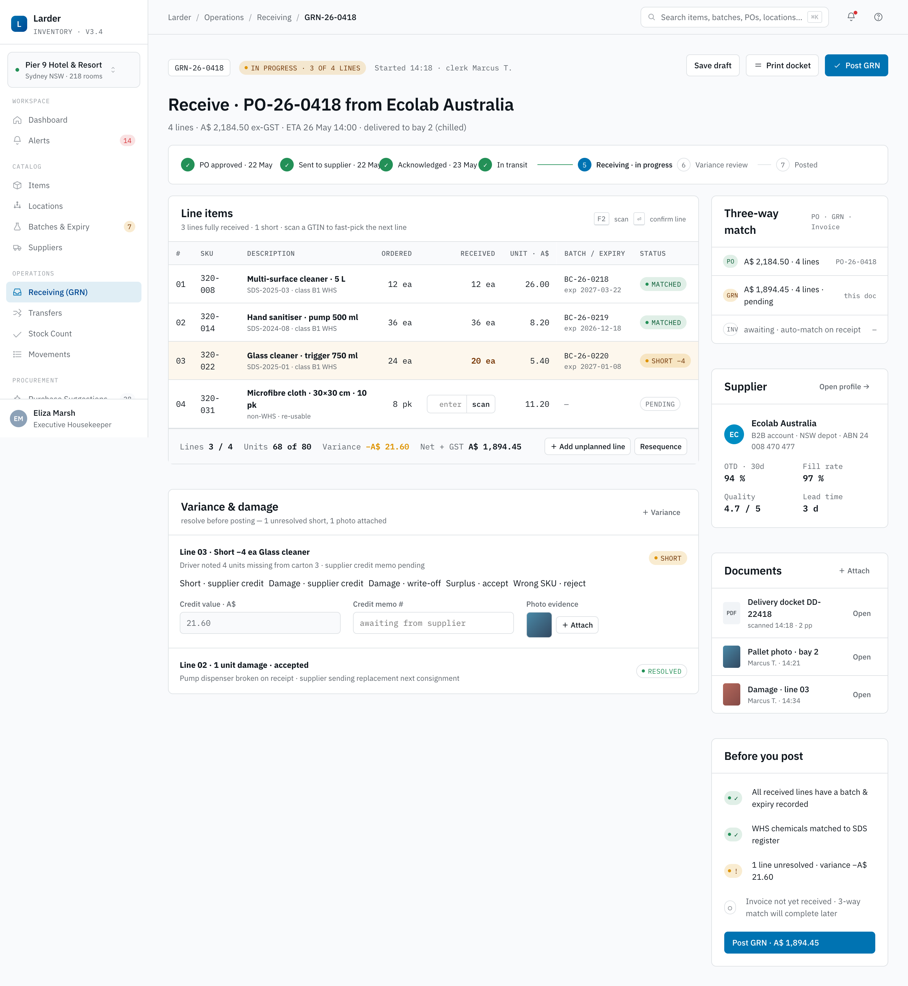 Receiving / GRN — screenshot